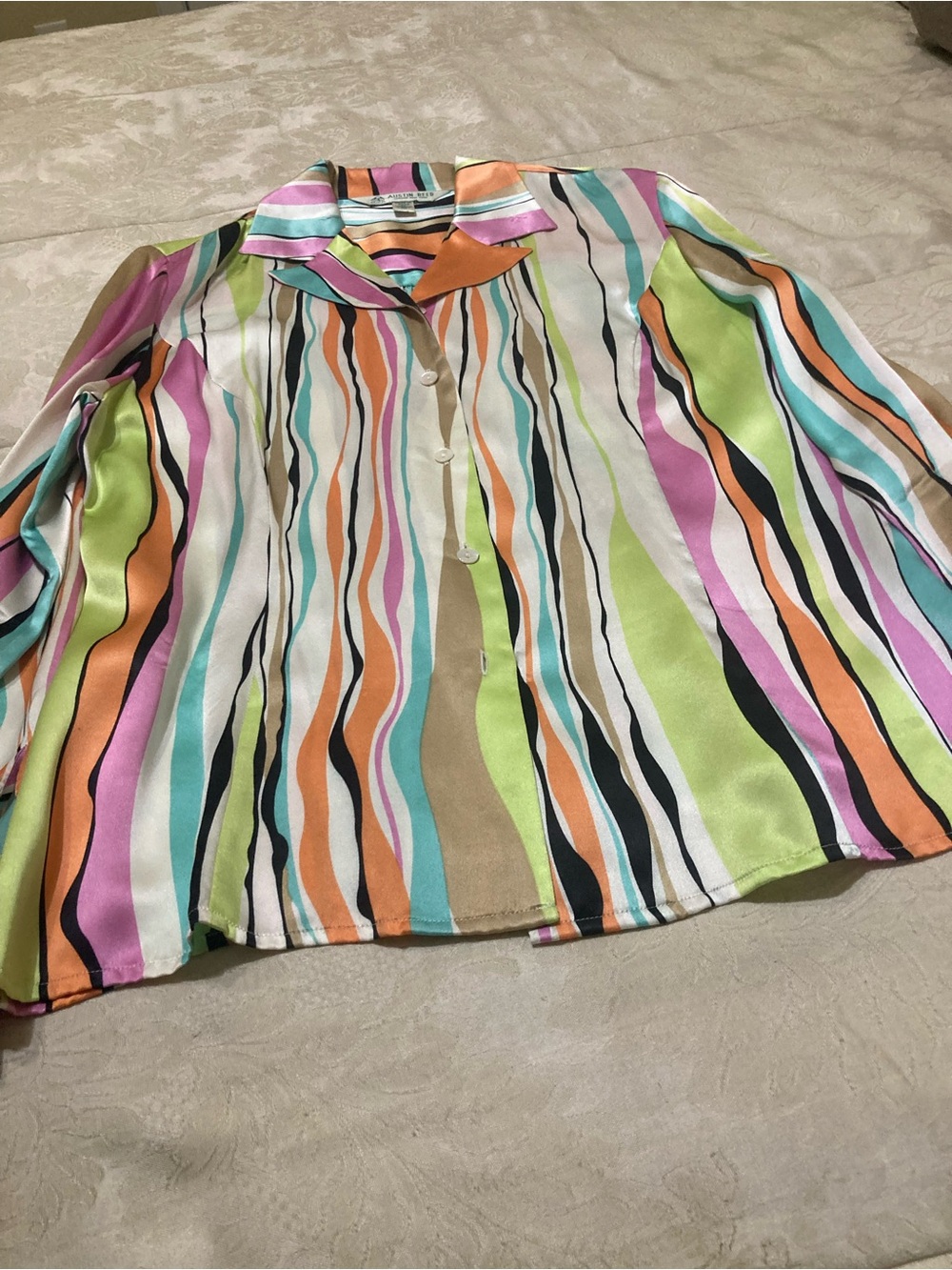 Austin Reed Multi-Color Wavy Stripe Blouse in Pink, Orange, Teal and Black